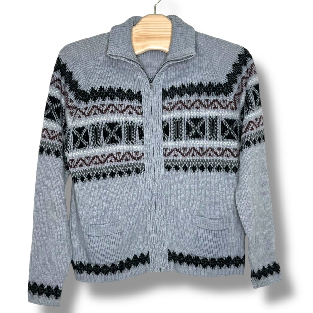 London Fog‎ Big & Tall Fair Isle Zip Up Sweater Cardigan Gray Acrylic Knitwear